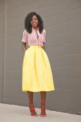 Striped Button-Down Shirt + Box Pleat Skirt