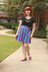 Outfit: Vintage Floral Skirt, Black Lace Top, Silver Triangle Necklace, & Pink Sandals