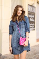 Denim Dress and pink bucket bag