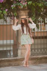 IN THE GARDEN: FLORAL SHORTS & WHITE OFF SHOULDER BLOUSE