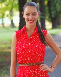 red polka dots dress with brown accessories