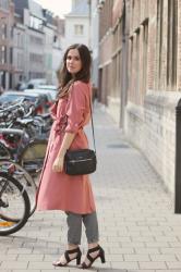 Outfit: pink trench and printed trousers