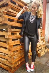 {Outfit}: Black Leather Pants and Red Sneakers