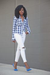 Gingham Button-Down Shirt + Distressed White Jeans