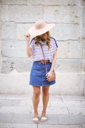 DENIM SKIRT + NAVY TOP