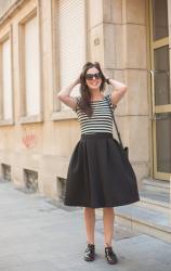 Outfit: Stripes, circle skirt and patent derbies