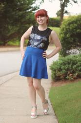 Outfit: Star Trek Ship Tank Top, Blue Skater Skirt, and Silver Heels