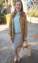 Corporate Style: Striped Shirts, Pencil Skirts and Camel Trench Coat