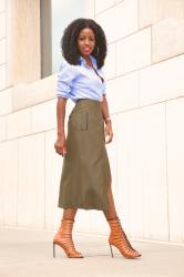 Oxford Boyfriend Shirt + Faux Wrap Midi Skirt