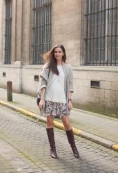 Outfit: watercolour print skirt and vintage knee high boots