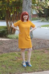 Work Outfit: Mustard Yellow Shift Dress with Blue Peeptoe Wedges