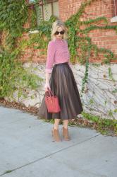 Burgundy Leather Pleated Midi Skirt