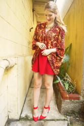 {Outfit}: Red dress + Casual Kimono