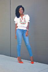 Dora Embroidered Top + Ripped Skinnies