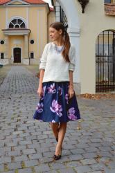 floral skirt with fluffy sweater