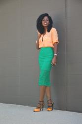 Safari Style Button-Down + Lace Pencil Skirt