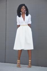 Button Down Shirt + White Box Pleat Midi