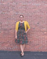 Printed Dress + Bright Cardigan