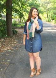 Denim Shirtdress & Pink Plaid Scarf