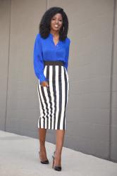 Silk Long Sleeve Blouse + Striped Midi Skirt