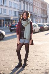 Outfit: burgundy cardigan and oversized scarf