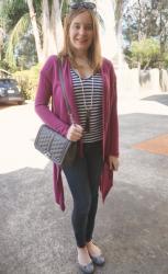 Purple Cardigans, Prima Denim Skinny Jeans, Rebecca Minkoff Love Bag