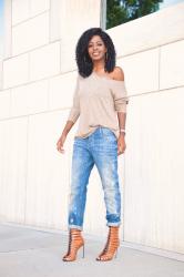 Off Shoulder Knit Sweater + Distressed Boyfriend Jeans