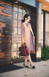 Fall Hues: Camel Vest and Burgundy Printed Dress