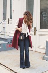 Casual Weekend | Flared Denim + Burgundy Coat