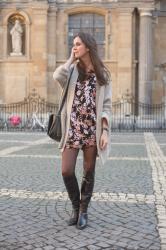 Outfit: Floral babydoll dress and over knee boots
