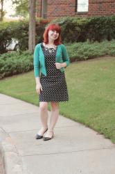 Work Outfit: Polka Dot Shift Dress, Teal Cardigan, and a Tree Branch Statement Necklace