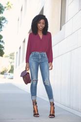 Long Sleeve Faux Wrap Blouse + High Waist Jeans