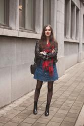 Outfit: leather jacket, plaid scarf and striped top