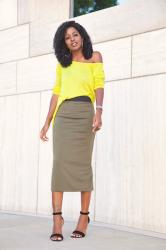 Off Shoulder Knit + Contrast Waist Midi Skirt