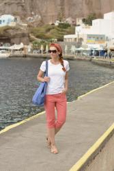 Clean, Unfussy Santorini Sightseeing Outfit | Classic White Tee and Cropped Pants