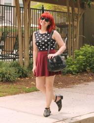 Outfit: Polka Dot Crop Top, Maroon Skater Skirt, and Pointed Cutout Ankle Boots