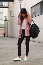 striped shirt, leather pants & sneakers