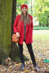 checked shirt with red coat