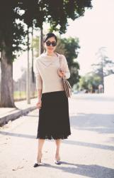 Cashmere Sweater, Pleated Skirt & Chloe Faye