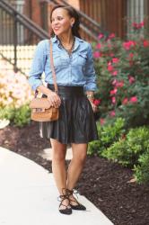 Denim Shirt and Leather Skater Skirt