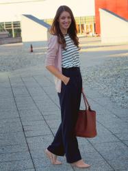 wide leg trousers with striped t-shirt