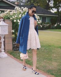 Blue Coat and White Lace Dress