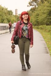 Outfit: Burgundy Leather Jacket, Green Skinny Jeans, and a Star Trek Tee