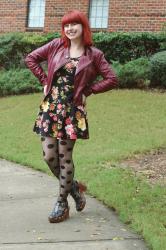 Outfit: Dark Floral Dress, Polka Dot Tights, Chunky Heels, and a Burgundy Leather Jacket
