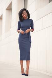 Navy Contrast Sleeve Midi Dress + Grey Coat