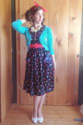 Cherry print dress and blue shrug | Emily x Kristina