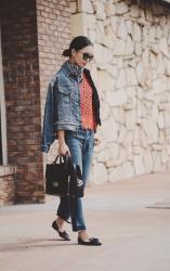 Double Denims & Red Lace Top