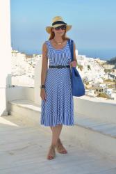Blue and White Striped Midi Dress With Matching Greek Umbrellas