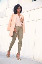 Cocoon Coat + Faux Wrap Blouse + Coated Jeans