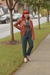 Work Outfit: ASOS Green Skinny Trousers, Navy Bow Blouse, Rose Gold Heels, and a Brown Leather Jacket